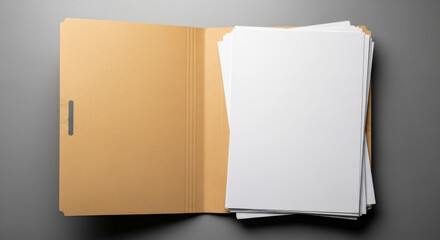 An open manila folder with a stack of white paper documents inside on a neutral gray background, taken from an overhead perspective in a close up shot.