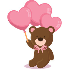 Brown Teddy Bear Holding Three Pink Heart Shaped Balloons With A Pink Bow On Its Neck And Transparent Background