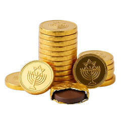 Gold foil chocolate gelt coins featuring Star of David and Menorah designs, perfect for Hanukkah celebrations, holiday promotions, festive greetings, and dessert recipes,