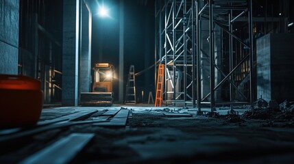 disavowal. Construction site with abstract industrial elements, metal and concrete textures, and dramatic side lighting. real-estate listings.
