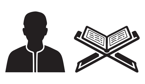  Silhouette of a man wearing a traditional cap next to an open quran on a stand