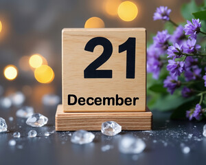 Wooden Calendar Showing December 21st with Flowers and Lights Bokeh Isolated on Grey Background