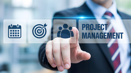 Professional businessman touches project management interface with calendar, target, team icons