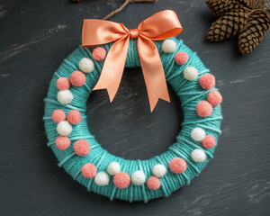 Charming Handmade Yarn Wreath Teal Pom Pom Decorated Holiday Craft Project Celebration