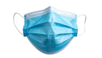 A close-up view of a blue surgical face covering. White elastic straps hang on either side. Pleats and texture are visible