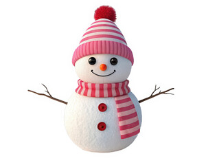 Snowman cartoon winter character wearing hat and scarf standing white