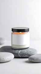 A lit candle in a clear glass jar with a blank label sits atop smooth grey stones, all against a clean white backdrop