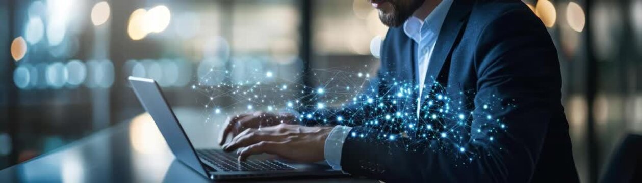 Professional business man analyzing global data network on laptop visualizing world connectivity and digital information flow.