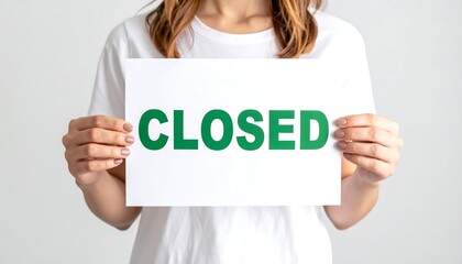 A person holds a white rectangle with the word "CLOSED" in green block letters, suggesting a business announcement