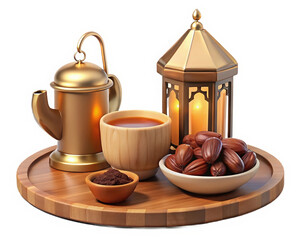 Ramadan Iftar Feast with Dates, Coffee, Tea, and Festive Lantern on Wood Tray