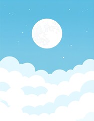 A serene night scene with a full, bright moon high above fluffy white clouds in a light blue sky with scattered stars