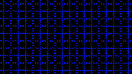 Seamless Geometric Hourglass and Arrow Grid Pattern, Bright Blue Outline on Black Background