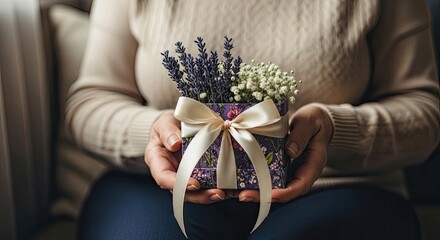 International Women's Day: woman holding lavender gift, celebrating with gentle care and tenderness