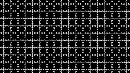 Seamless Geometric Hourglass and Arrow Grid Pattern, White Outline on Black Background