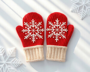 Pair of red knitted mittens with snowflake pattern and cream trim on white surface, winter warmth