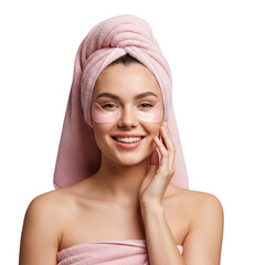 Woman with pink towel and eye patches isolated on transparent background