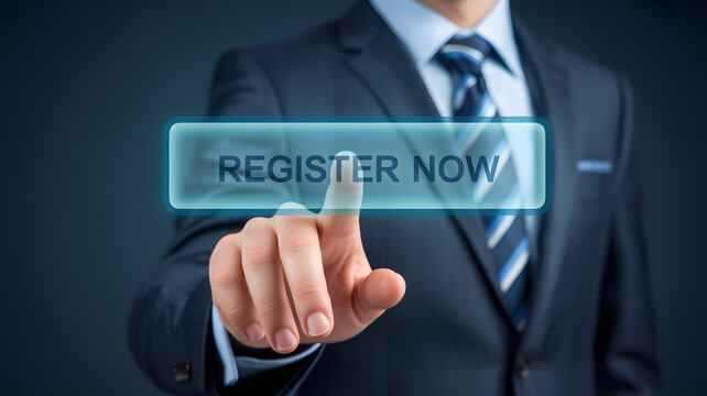 Businessman's finger presses glowing digital 'Register Now' button for immediate action