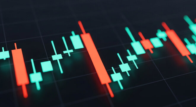 An illustration of a stock market candlestick chart featuring red and green indicators on a dark grid backdrop, highlighting financial analysis and trading trends. - Powered by Adobe