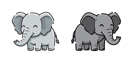 Adorable Pair of Hand-Drawn Cartoon Elephants Standing Side-by-Side, One Light Gray and One Dark Gray, Simple Vector Mascot for Children's Products or Zoo Animals Concept