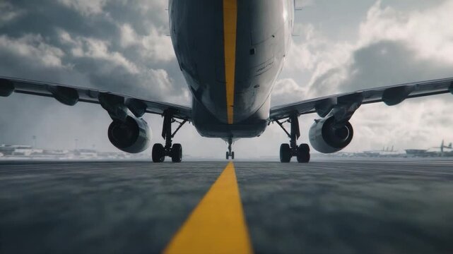 Aviation's Grand Entrance: A low-angle view showcases a commercial aircraft poised on the runway, its form stark against a dramatic cloudy sky, with a sense of anticipation and forward momentum.
