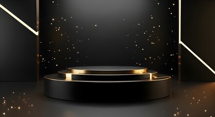 Black Tiered Podium with Gold Rims and Floating Bokeh on Dark Background