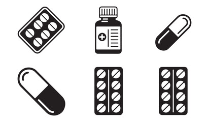  Set of six simple black and white icons representing pills capsules and medicine bottle
