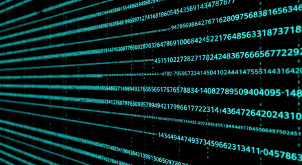 Turquoise binary code array on a black backdrop representing data processing, digital information, and technology concept. The repeating numeric patterns suggests computation and encryption.