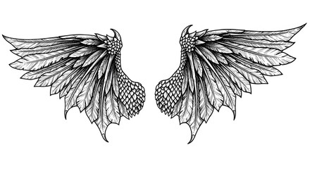 Hand-Drawn Dragon Wings Illustration – Detailed Black and White Fantasy Wing Sketch with Bone Structure, Mythical Creature Art for Tattoo, Design, and Coloring