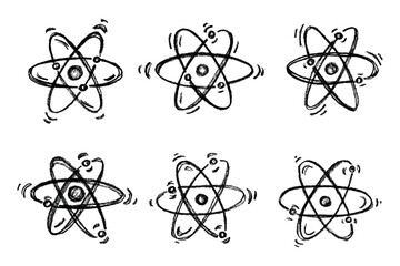 Set of hand drawn atom sign Molecule clipart in doodle style Symbol of science, education, nuclear energy, scientific research, molecular chemistry Single element for print, web, design