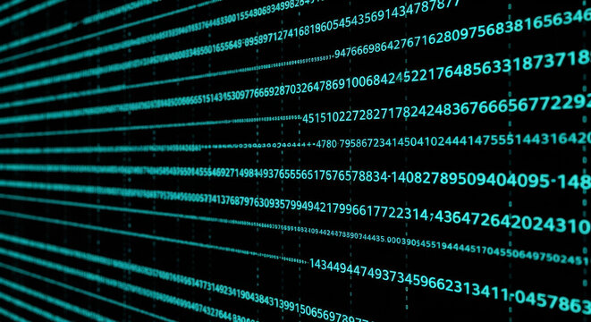Turquoise binary code array on a black backdrop representing data processing, digital information, and technology concept. The repeating numeric patterns suggests computation and encryption. - Powered by Adobe