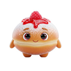 Cute cartoon jelly donut character with vibrant raspberry topping and powdered sugar, perfect for bakery ads, Hanukkah, Shrove Tuesday, children's content, and sweet holiday promotions,