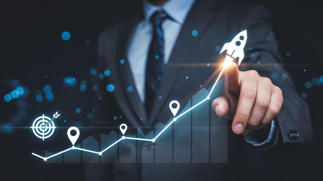 A digital business growth visualization depicting a strategic launch for startup success and future development toward new heights - Powered by Adobe