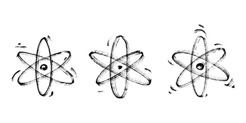 Set of hand drawn atom sign Molecule clipart in doodle style Symbol of science, education, nuclear energy, scientific research, molecular chemistry Single element for print, web, design