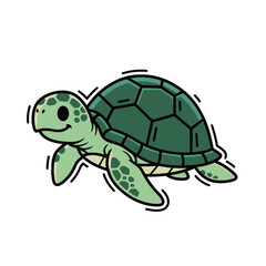 Smiling Green Sea Turtle Swimming, Cute Cartoon Vector Illustration in a Hand-Drawn Doodle Style, Perfect for Marine Life, Ocean, and Environmental Concepts