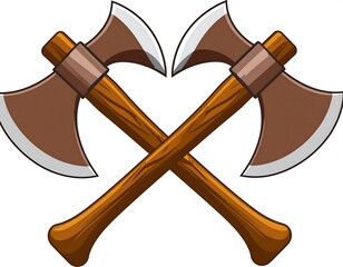 Two wood-handled axes with brown blades are crossed on a white background, suggesting a crossed weapons symbol