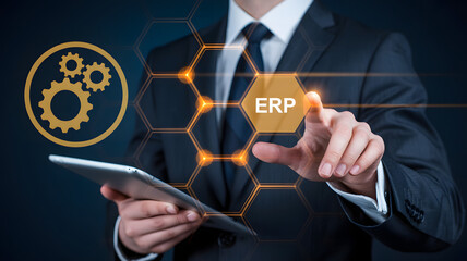 Businessman interacts with ERP system interface on digital display, optimizing business operations