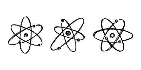 Set of hand drawn atom sign Molecule clipart in doodle style Symbol of science, education, nuclear energy, scientific research, molecular chemistry Single element for print, web, design