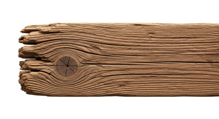 Close-up of a weathered wooden plank featuring visible grain and a prominent knot, isolated on a white background. Ideal for textures, crafts, or design elements.
