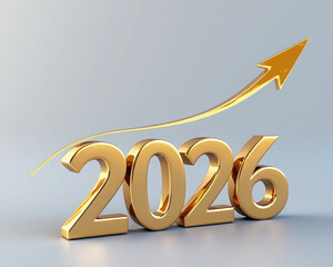 Golden 2026 Year with Arrow Upward on Gray Background Future Goals and Finance Success