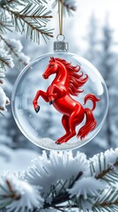 Clear Christmas Bauble with Red Rearing Horse Figurine on Snowy Winter Pine Branch Background_6