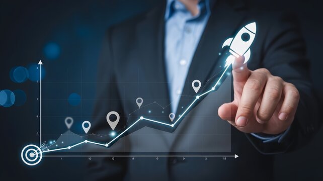 Digital business growth chart with rocket icon and location pins
