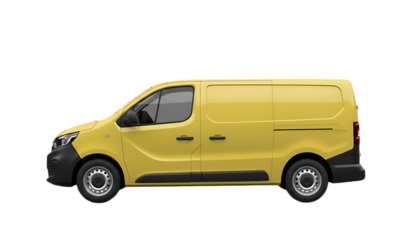Side view of a yellow delivery van with black accents against a black background in a studio shot