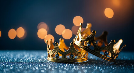 Two golden crowns on a sparkling surface with bokeh lights