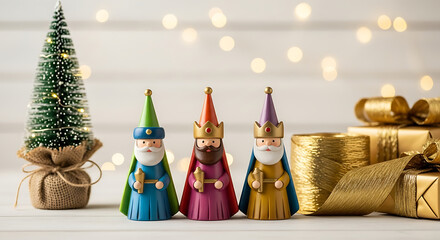 Three wise men figures with christmas tree and gifts on a wooden table