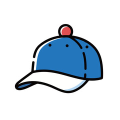 Classic Blue and White Baseball Cap with a Red Button on Top, Cute Cartoon Vector Illustration in a Hand-Drawn Doodle Style for Sports and Casual Headwear