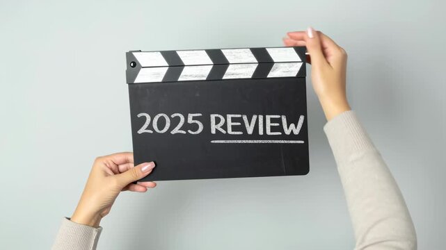 2025 review slate clapperboard film cinema movie hands hand sleeve clapperboard held by hands for film critique and annual summary with neutral background and casual sleeve production review text