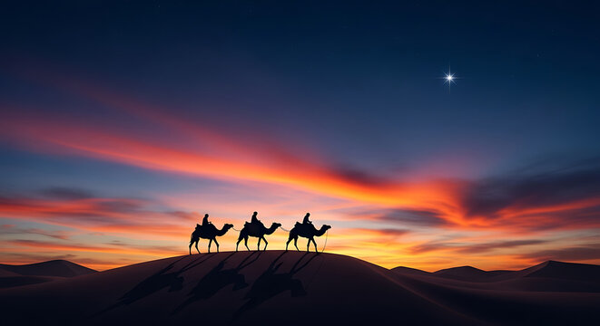 Three wise men silhouettes riding camels across a desert dune at sunset