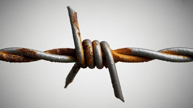 A close-up shot features a segment of rusty barbed wire, with sharp barbs clearly visible. 