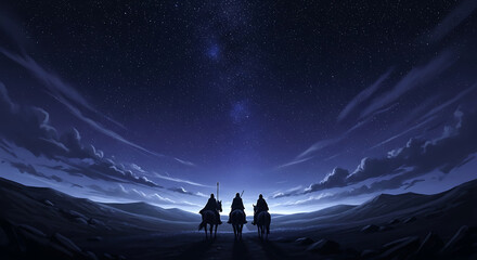 Three figures silhouetted against a dramatic starry night sky over a landscape