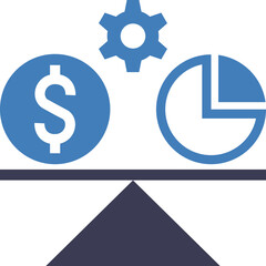 Business finance concept balancing money and growth represented by a dollar sign coin and a pie chart on a scale with a gear overhead on a transparent background